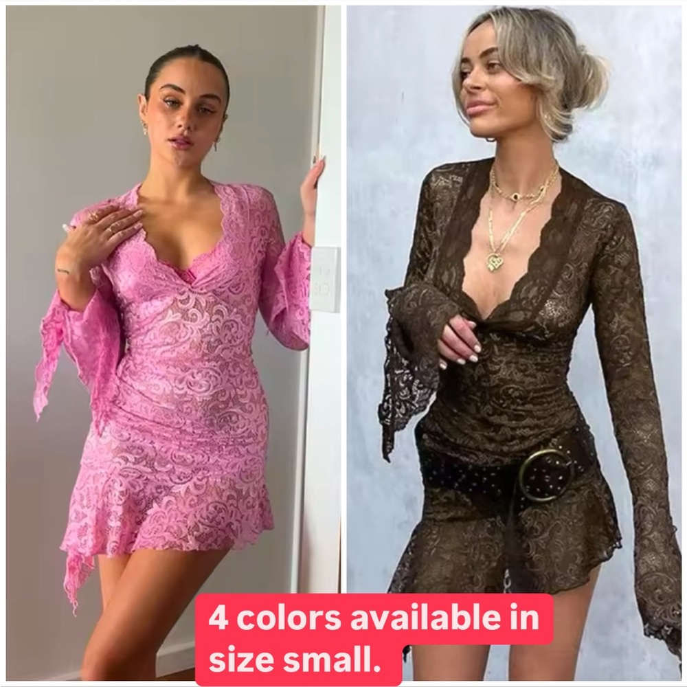 V neck see thru Lace Mini Dress 4 colors available
